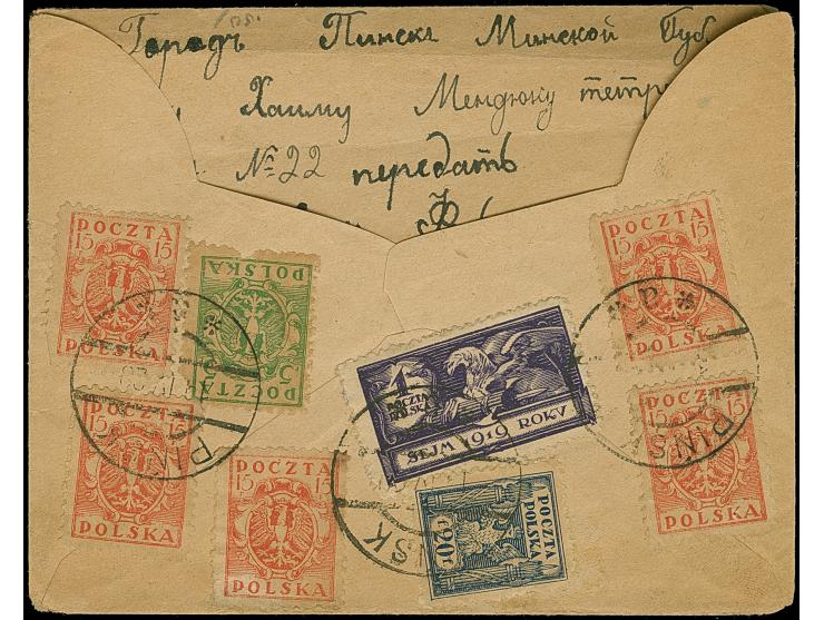 1919, Sejm 1 m. violett with additional franking, tied by cds. “PINSK 19.IV.20” to reverse of registered cover to Philadelphi
