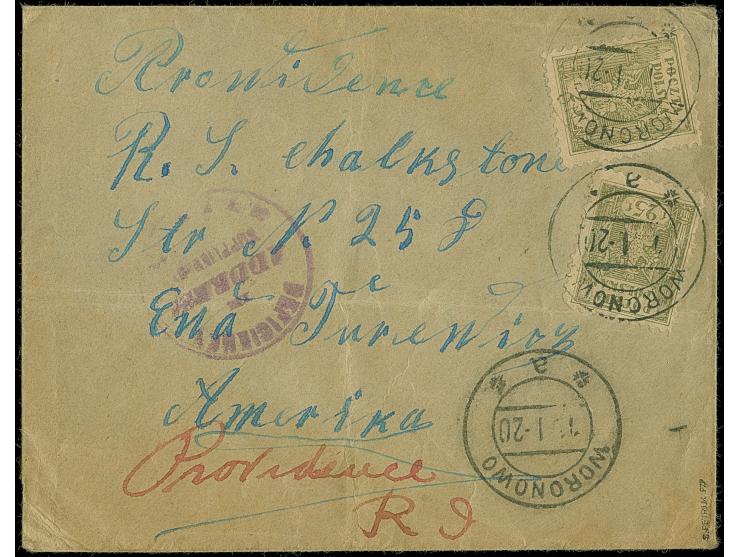 1919, Coat of Arms 25f., two singles tied by cds. “WORONOWO 19. I.20” to cover to Providence, USA with handstamp “DEFICIENCY 