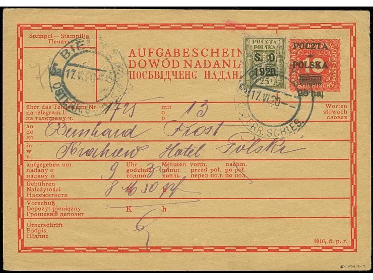 1920, S.O. overprint on 25f. as tied by cds. “BIELITZ ÖSTERR. 17.VI.20” as additional franking on proof of sending receipt Kr