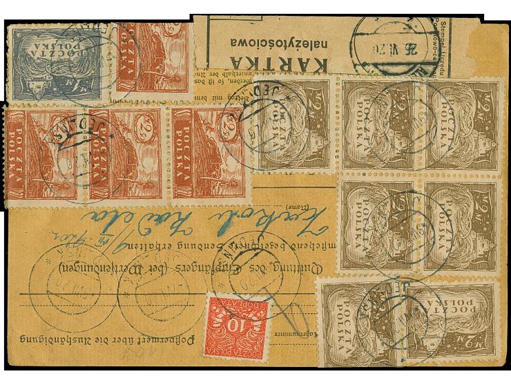 1919, Farmer and Grain store and sheaves 1m. single, 2m. irregular block of 5 and two singles and 2,5m. strip of three and si