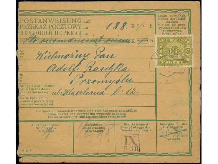 1918, Austrian Coat of Arms 40 h. tied by cds. “PROBUZUNA 1.11.1918” to parcel card to Przemysl with arrival mark, minor tran