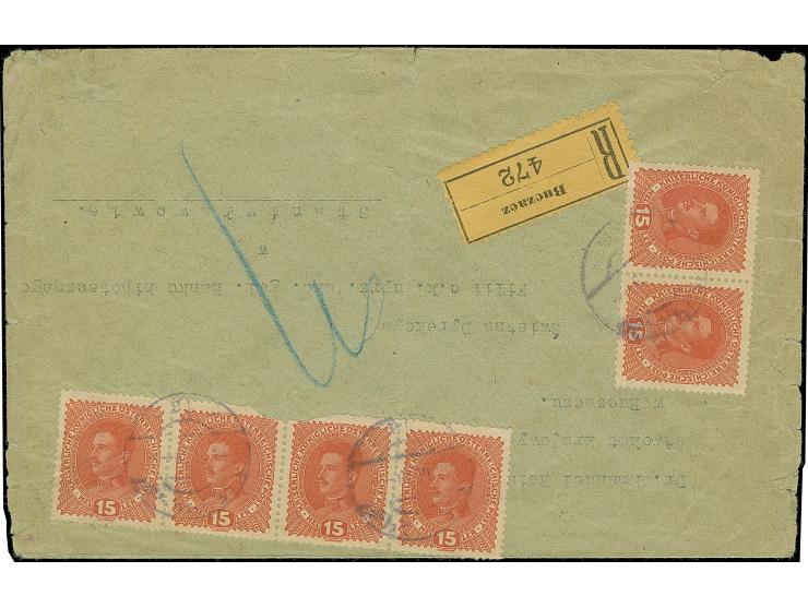 1918, Emperor Charles I. 15 h., horizontal strip of four and horizontal pair, tied by cyrillic cds. “BUCZACZ 14.III.19” to re