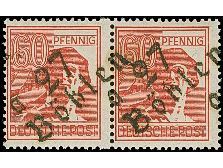 “27/Böhlen a” auf waagerechtem Paar 60 Pfg. rot, die linke Marke mit ausgefallenem Zähnungsloch, postfrisch, signiert Dr. Her