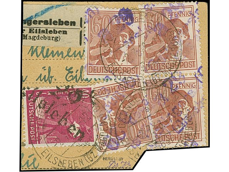 “29/(Ostingersleben)Eilsleben a” in violett &nbsp;auf 4 Werten 60 Pfg. braun, mit 40 Pfg. 29/Eilsleben auf Paketkartenausschn