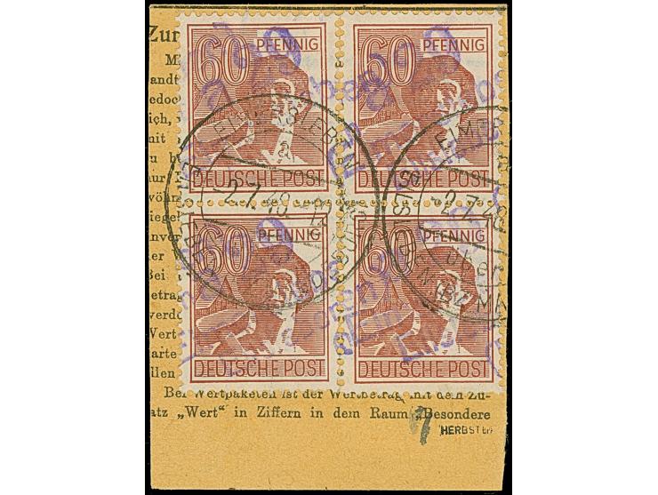 “29/(Eimersleben)Eilsleben a” in violett &nbsp;auf 4 Werten 60 Pfg. braun, auf Paketkartenausschnitt (rückseitige Frankatur e