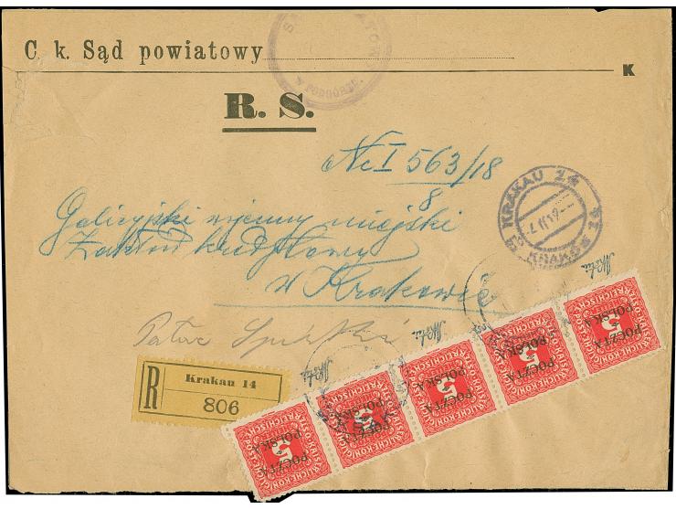 1919, 5h. red, horizontal strip of five, position 71-75, tied by cds. “KRAKAU 4.II.19” to local registered cover with return 