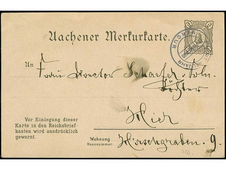 Aachen-Merkur: 1895, Ganzsachenkarte 3 Pfg. schwarz mit violettem Stempel “PROSIT NEUJAHR AACHEN 1.JAN.1895” und Text mit Dat