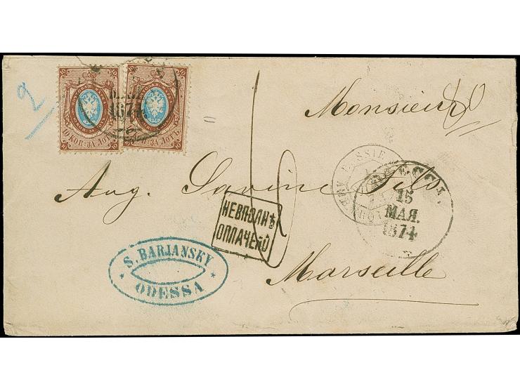 10 k. brown/blue, two singles tied by cds “ODESSA 15 MAY. 1874” to 2nd weight step envelope to Marseilles, underfranked by 6 