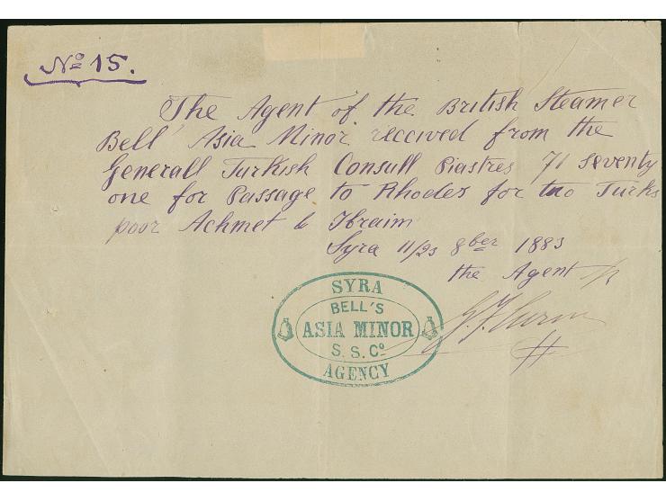 1883, BELL'S ASIA MINOR S.S.Co SYRA AGENCY blue oval cachet on agents bill, vertical file fold, very fine and attractive stea