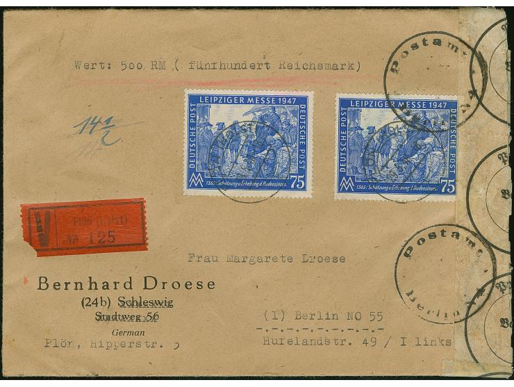 1947, Leipziger Frühjahrsmesse 75 Pfg., zwei Einzelmarken mit Stempel “PLÖN 29.5.48” auf Wertbrief über 500 M. nach Berlin NO