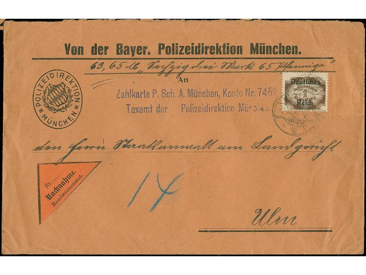 1920, Bayern-Abschied 1 M. mit Stempel “MÜNCHEN 2.12.20” als tarifgerechte Einzelfrankatur auf Nachnahme-Dienstbrief nach Ulm
