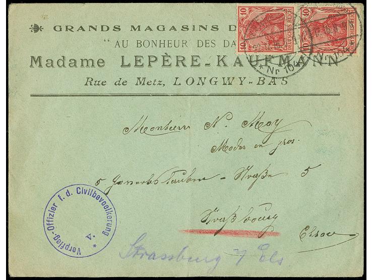 1916, Germania 10 Pfg. im senkrechten Paar mit Stempel “K.D.Feldpoststation Nr. 104 22.12.16” auf Firmenvordruckbrief aus Lon