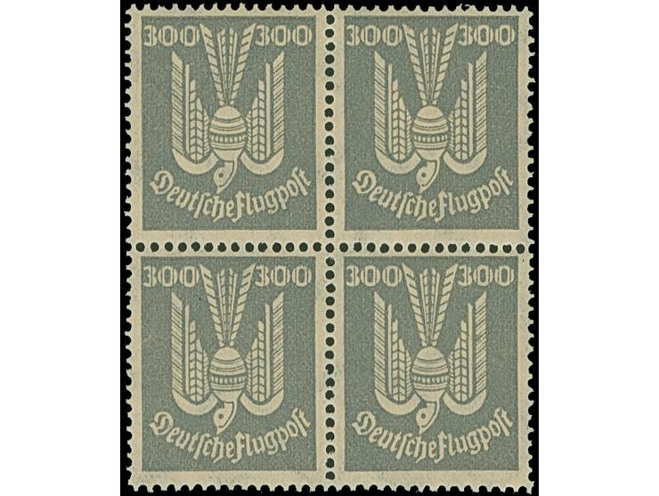 1924, Holztaube 5-300 Pfg. in Viererblocks, postfrisch. Zwei 10 Pfg. einige kurze Zähne und 50 Pfg. mittig vorgefaltet, sonst