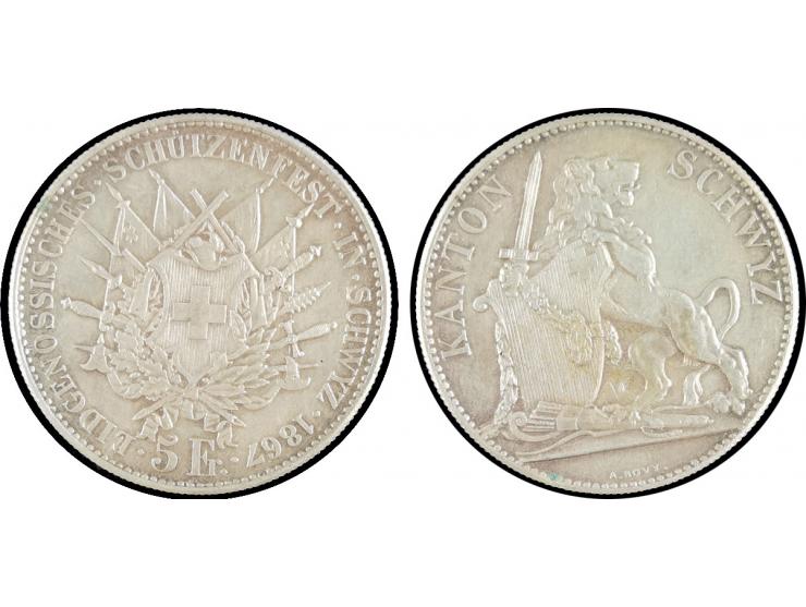 SCHWEIZ: 1867, 5 Franken, Schwyzer Kantonalschützenfest, 24,68 gr., 835/1000, sehr schöne Silbermünze