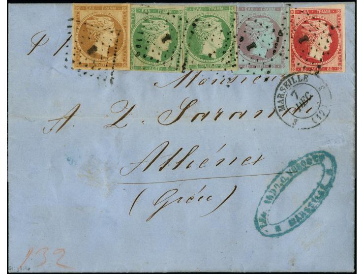 1861, Large Hermes head 2l. brown, two singles 5l. green and singles 40l. lilac on blue and 80 l. carmine on rose, fresh colo