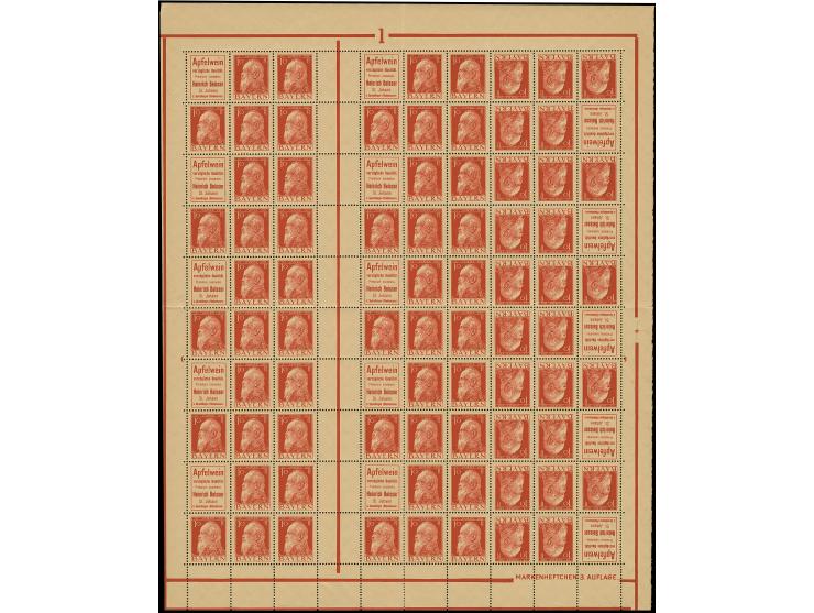 1911/12, „Apfelwein“ + 10 Pfg. Luitpold rot, kompletter Markenheftchenbogen, unten mit Druckvermerk “MARKENHEFTCHEN 3. AUFLAG