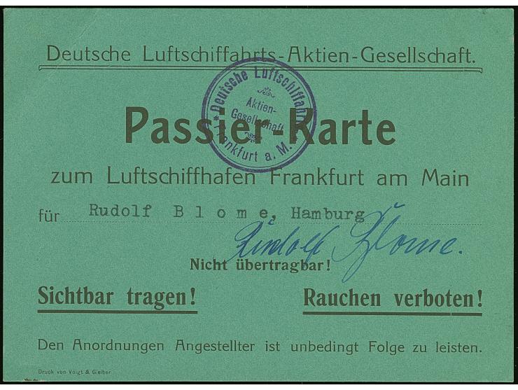 1912, “Deutsche Luftschiffahrts-Aktien violetter Kreisstempel auf Passier-Karte zum Luftschiffhafen Frankfurt mit Originalfot