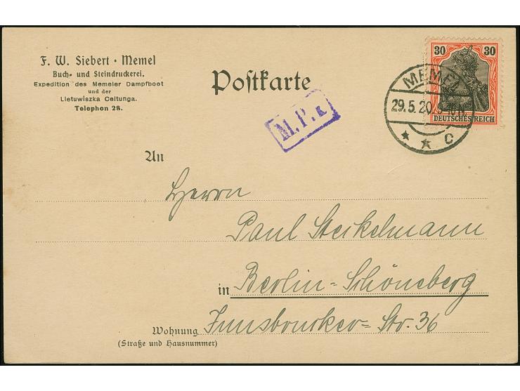 1920, Germania 30 Pfg. mit Stempel “MEMEL 29.5.20” auf Postkarte mit violettem Zensur-R1 "M.P.K" nach Berlin, Karte mit klein