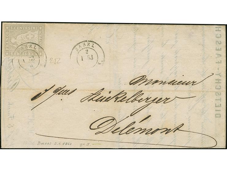 1862, 2 Rp. grau, farbfrisch und voll- bis sehr breitrandig, klar und übergehend gestempelt mit DKr. “BASEL 2 1 63” auf Druck