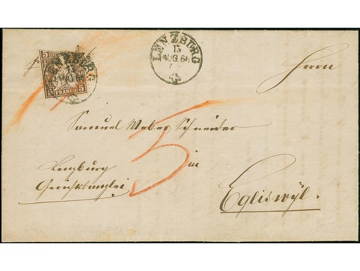 1862, 5 Rp. braun, auf Brief mit auf- und nebengesetztem EKr. “LANZBURG 15 AUG 66” nach Egiswyl. Die defekte Marke wurde gest