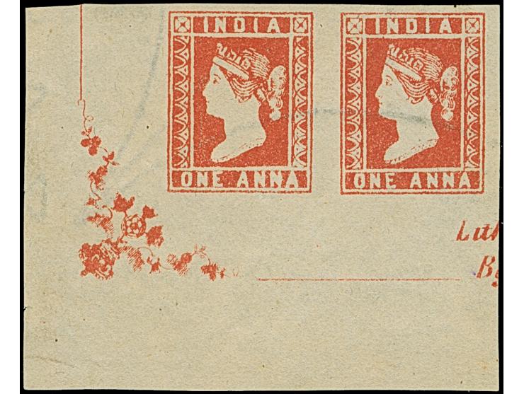1854/55, Die II, 1 a. deep red, horizontal pair from the lower left sheet corner with ornament and small part of marginal ins