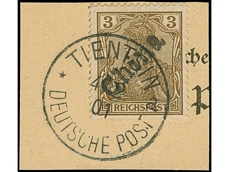 1900, Handstempel 3 Pfg., farbfrisch und gut gezähnt, sauber mit Stempel “TIENTSIN 4/2 01” auf Briefstück, tadellos, Fotoatte