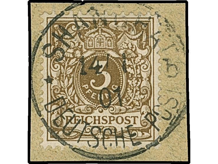 PETSCHILI: Krone/Adler 3 Pfg. dunkelockerbraun, farbfrisch und gut gezähnt, sauber mit klarem EKr. “SHANGHAI 14/1 01” auf Bri