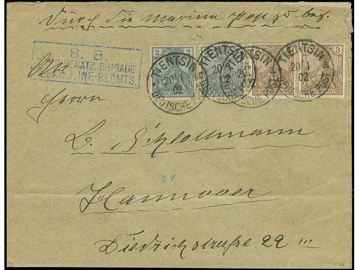 PETSCHILI: Germania 3 Pfg. dunkelorangebraun, zwei Einzelwerte zusammen mit Germania 2 Pfg. grau, farbfrisch und bis auf den 