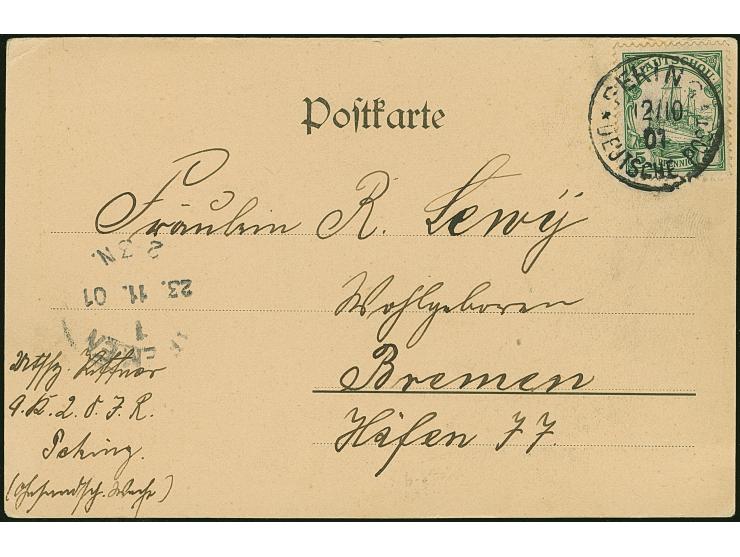 PETSCHILI: Kiaoutschou 5 Pfg. grün, farbfrisch und gut gezähnt, sauber mit EKr. “PEKING 12/10 01” auf Bildpostkarte “Kinder a