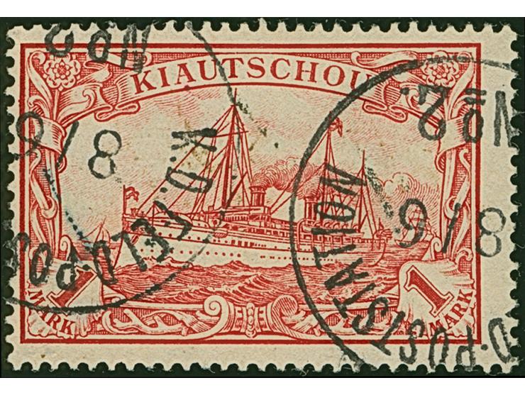 PETSCHILI: Kiaoutschou 1 M. rot, farbfrisch und gut gezähnt, sauber mit EKr. “K.D. FELD-POSTSTATION No 2 8/6” entwertet, tade