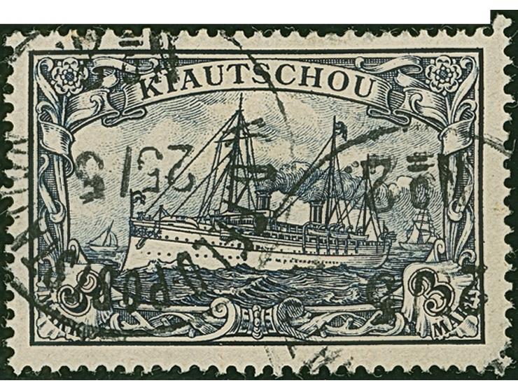 PETSCHILI: Kiaoutschou 3 M. violettschwarz, farbfrisch, teils gering unregelmäßig gezähnt, sauber mit EKr. “K.D. FELD-POSTSTA