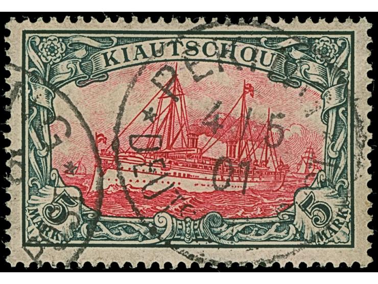 PETSCHILI: Kiaoutschou 5 M. grünschwarz/bräunlichkarmin, farbfrisch und sehr gut gezähnt, sauber mit klarem EKr. “PEKING 4/5 
