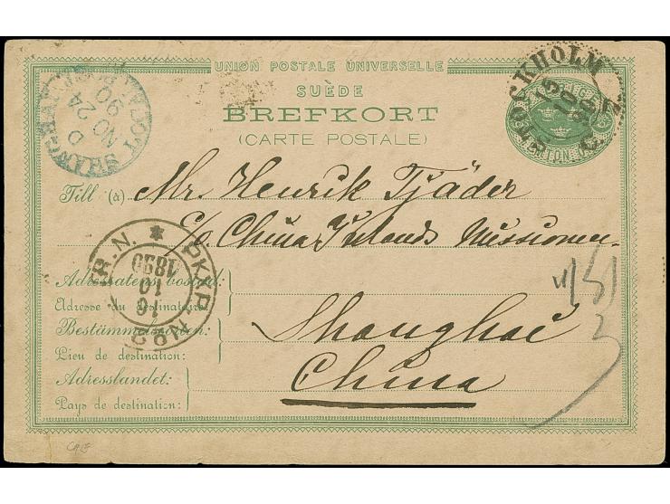 1879/83, UPU stationery card 15 (femton) green, neatly used with cds “STOCKHOLM 15 10 90” to Shanghai with transit and arriva