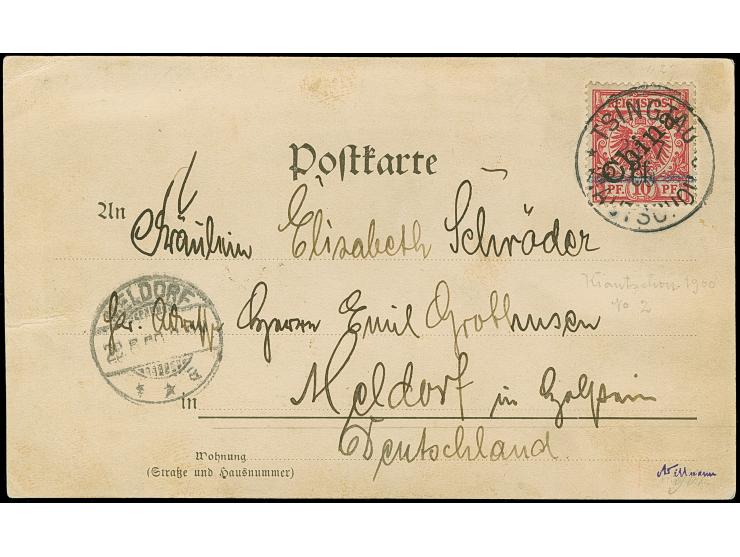 1900, 2. Tsingtau-Ausgabe 5 Pf. auf 10 Pfg. lebhaftlilarot, Aufdrucktype 1, farbfrisch und gut gezähnt, sauber mit klarem EKr