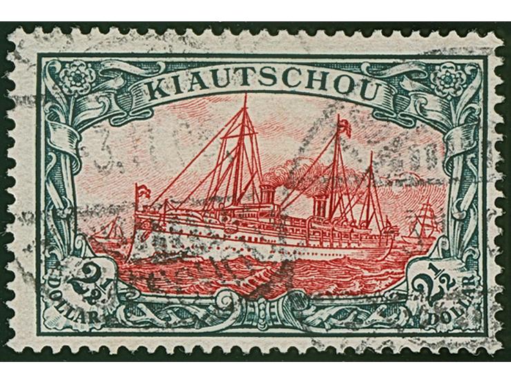 1905, Kaiseryacht 2½ $. grünschwarz/dunkelkarmin, 25:16 Zähnungslöcher, farbfrisch und gut gezähnt, sauber mit “TSINGTAU 1.11