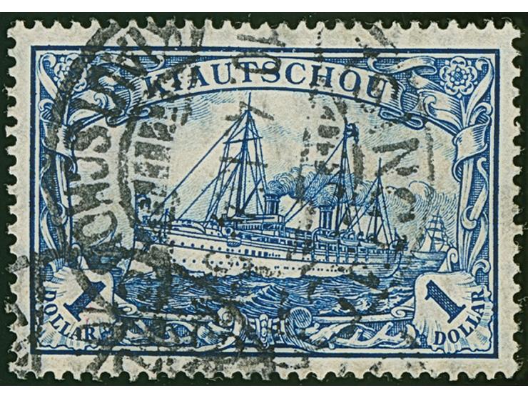 1905, Kaiseryacht 1 $. schwärzlichblau, 26:17 Zähnungslöcher, mit Retusche “Wertziffer 1 kreuzweise schraffiert”, farbfrisch 