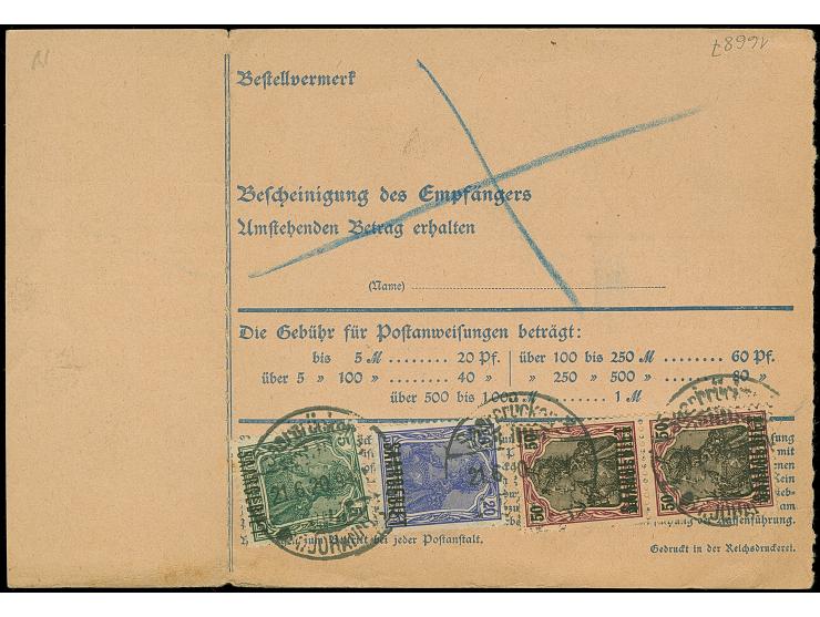 1920, 50 Pfg. im senkrechten Paar, 20 Pfg. und zwei Einzelmarken 5 Pfg. jeweils mit Stempel “Saarbrücken 3 (St. JOHANN) 21.6.