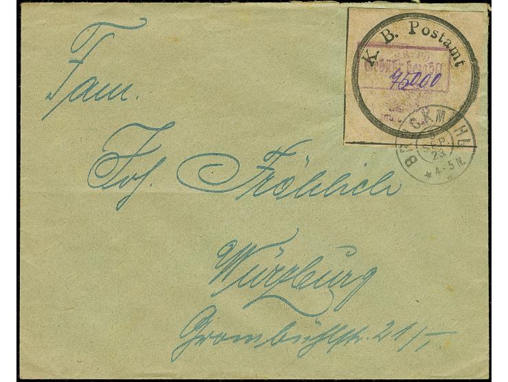 Bruckmühl: Postverschlußzettel als Gebührenzettel mit Kastenstempel mit Wertangabe “750000” auf Brief von “BRUCKMÜHL 5 SEP. 2