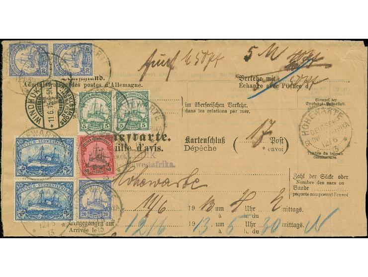 2 M. im senkrechten Paar, mit 80 Pfg., 3 Stück 20 Pfg. und 2 Stück 5 Pfg., mit Stempel "HOHEWARTE 12/6 13 auf 'Briefkarte' fü