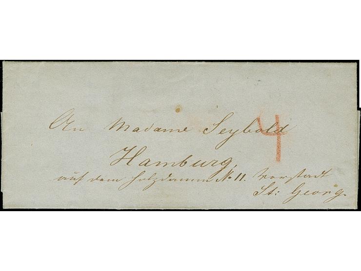 1847, kleiner Faltbrief, innen datiert “Helgoland 25 August 1847” nach Hamburg, in Rötel taxiert “4” (Schilling), tadellos