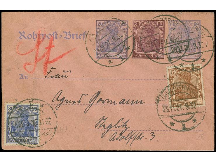 1920, amtlicher Rohrpostumschlag mit Zudruck Germania 20+60+60 Pfg. und tarifgerechte Zufrankatur Germania 5 und 80 Pfg. je m