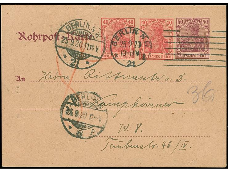 1920, amtliche Rohrpostkarte mit Zudruck Germania 40 + 40+ 50 Pfg. als tarifgerechte Verwendung mit Stempel “BERLIN N.W.21 25