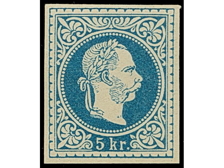 1867, Probedruck Franz Joseph 5 Kr. blau, ungezähnter Einzelabzug in blau auf dünnem, ungummierten Papier, tadellos, selten, 