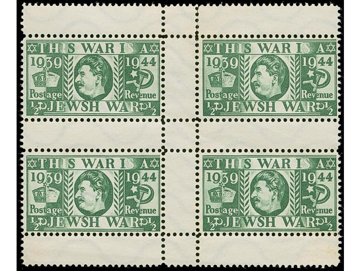 1944, Stalin ½ P. grün, 4er-Block mit Zwischenstegen, ohne Gummi, tadellos