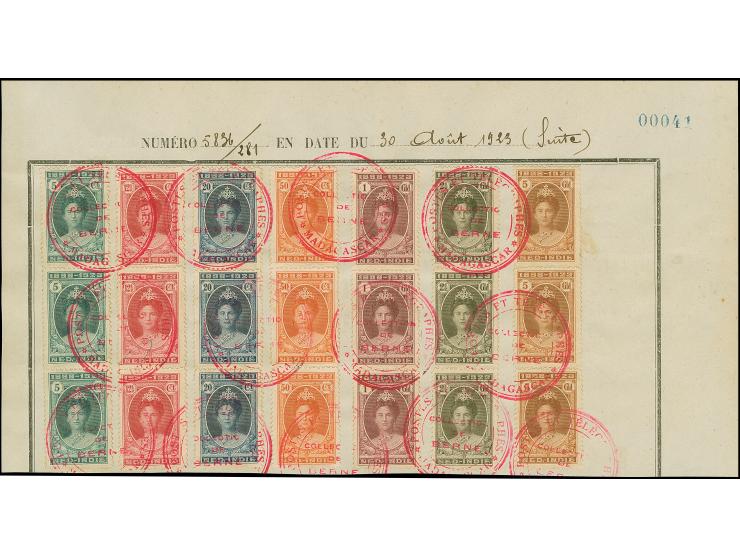 1923, Queen Wilhelmina Silver Jubilee 5c.-5g., each as strip of three affixed to part of archive page, with handstamps “POSTE
