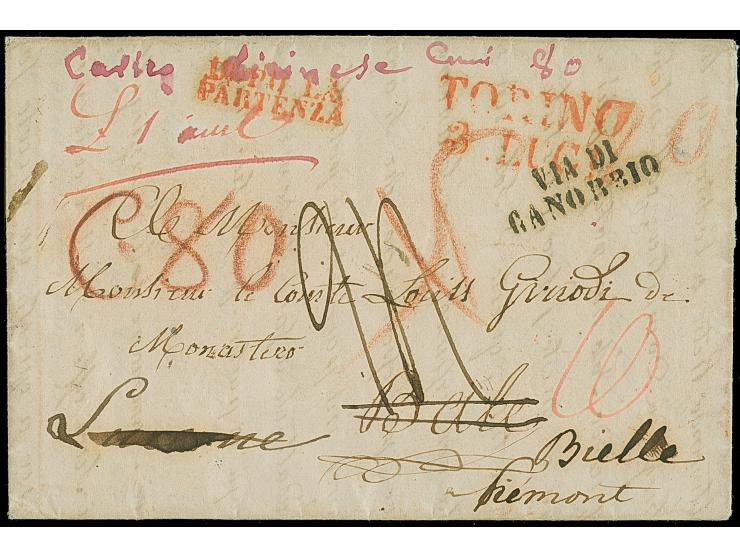 1847, “TORINO 3. LUG” on folded letter forwarded to Bäle and again to Biella (Piemont), with black “VIA DI GANOBBIO”, red “DO