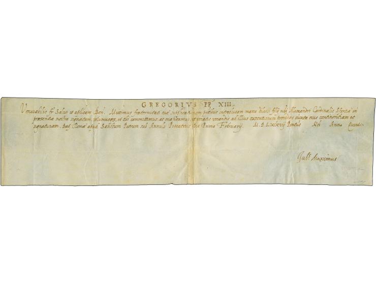 1577, papal vellum manuscript issued in Rome in official curial script, addressed to the Vescovo (Bishop) of Pistoia in the G