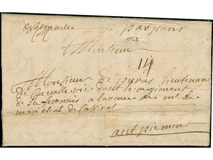 1696, entire letter from a member of the Armee de Flandre to the army of Marchal Catinat at Piedmont "par Paris", rated "14" 