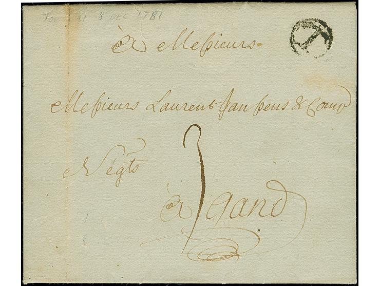 1781, "T" (Tournai) on entire letter to Gand, rated "3" sols (1729 Tariff General)