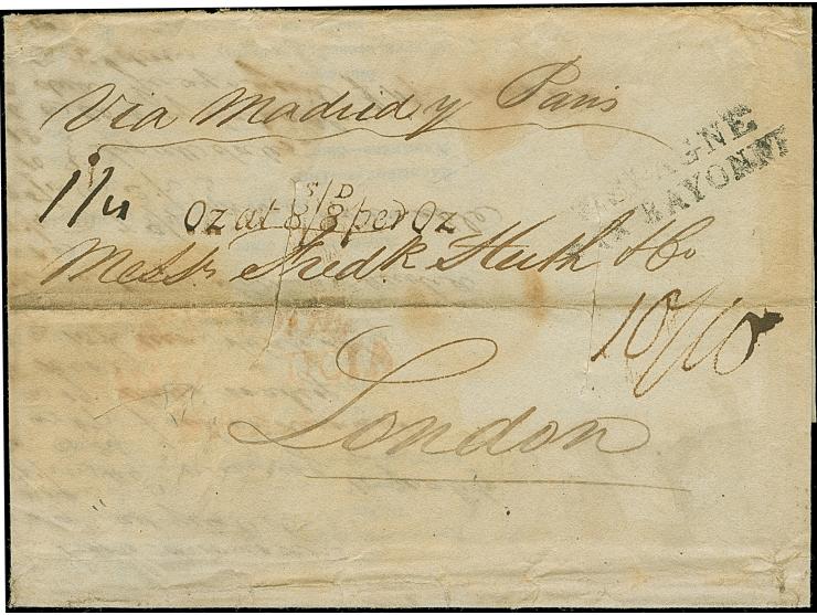 1822, "Oz at S8/D8 per Oz" on entire letter from writer to London, disinfection slits and slight marks, adjacent "ESPAGNE PAR